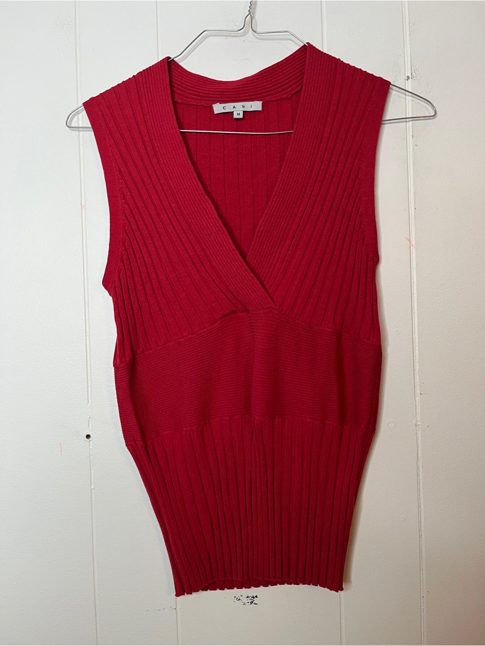 CAbi Sleeveless Ribbed V-Neck Sweater Vest in Red Fitted Waist Silk Blend Size M